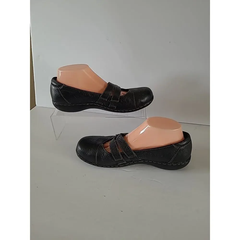 Clarks WMS 8.5M Shoes Flats Mary Black Brown Mary Jane Strap Slip On Comfort